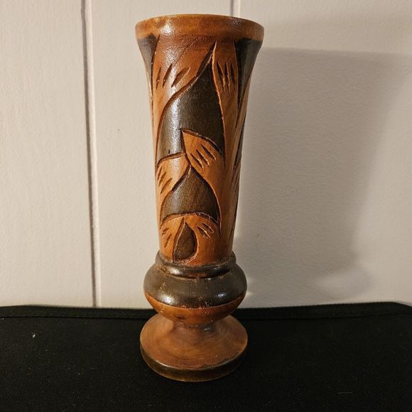 Vintage Hand Carved Wooden Vase Bohemian Mid-century Modern 8" Two-tone - Picture 10 of 16